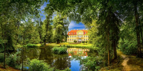 Rammenau – Majestätisch umrahmen Parkbäume das leuchtende Barockschloss